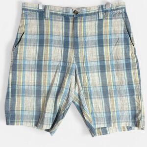 Columbia Barlow Ridge Shorts Men's 34 Blue Plaid Flat Front Hiking Casual